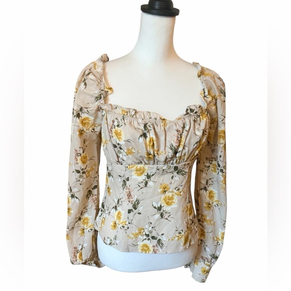 TRIXXI long Sleeve top Tan Green Yellow Floral Medium
